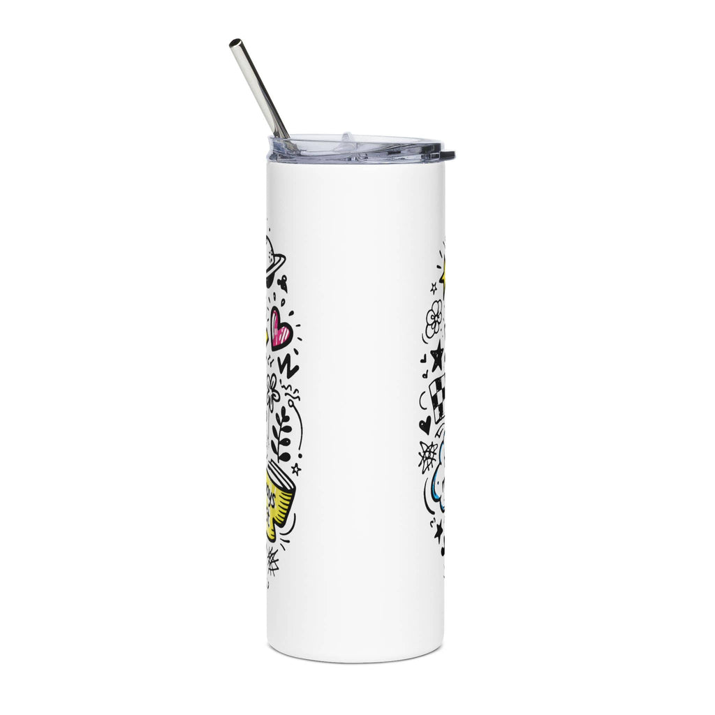 Loved by Christ Whimsical Doodle Tumbler in white with colorful doodle art design, side view