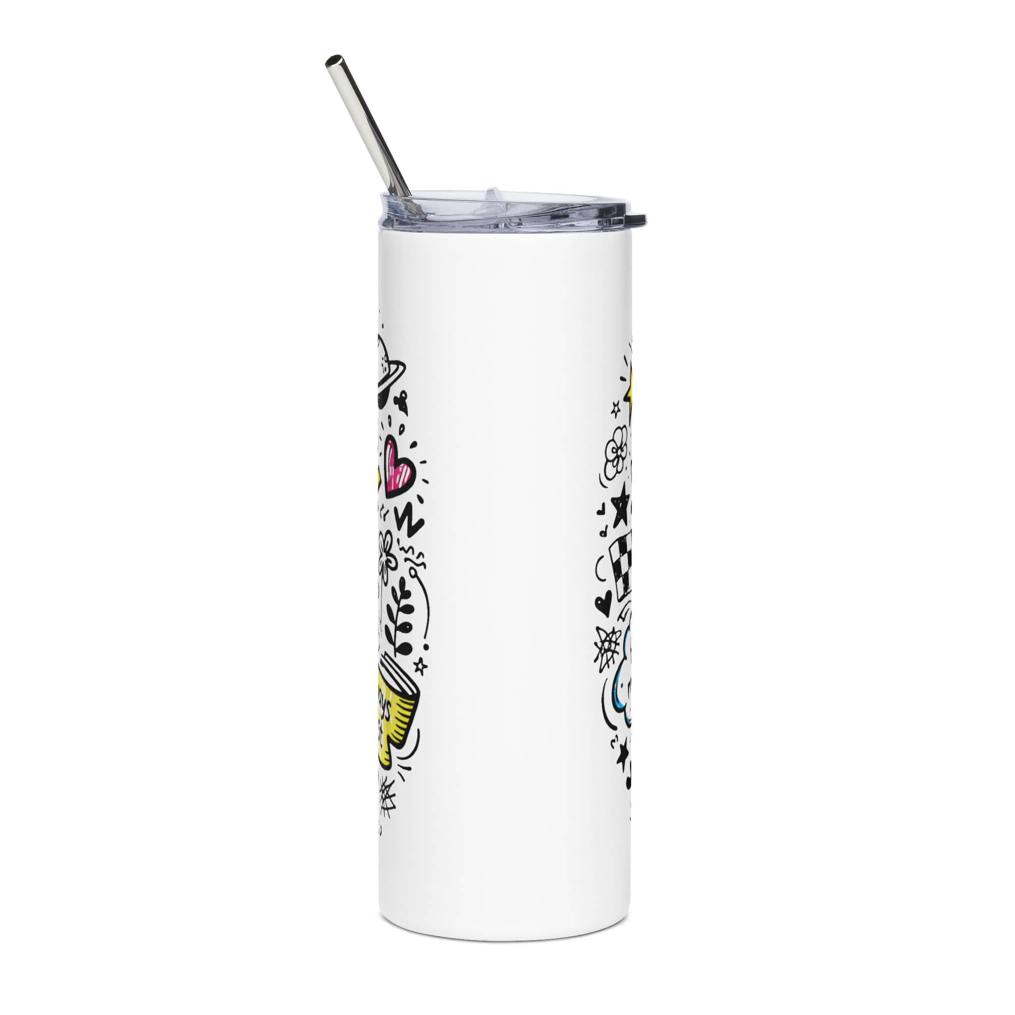 Loved by Christ Whimsical Doodle Tumbler in white with colorful doodle art design, side view