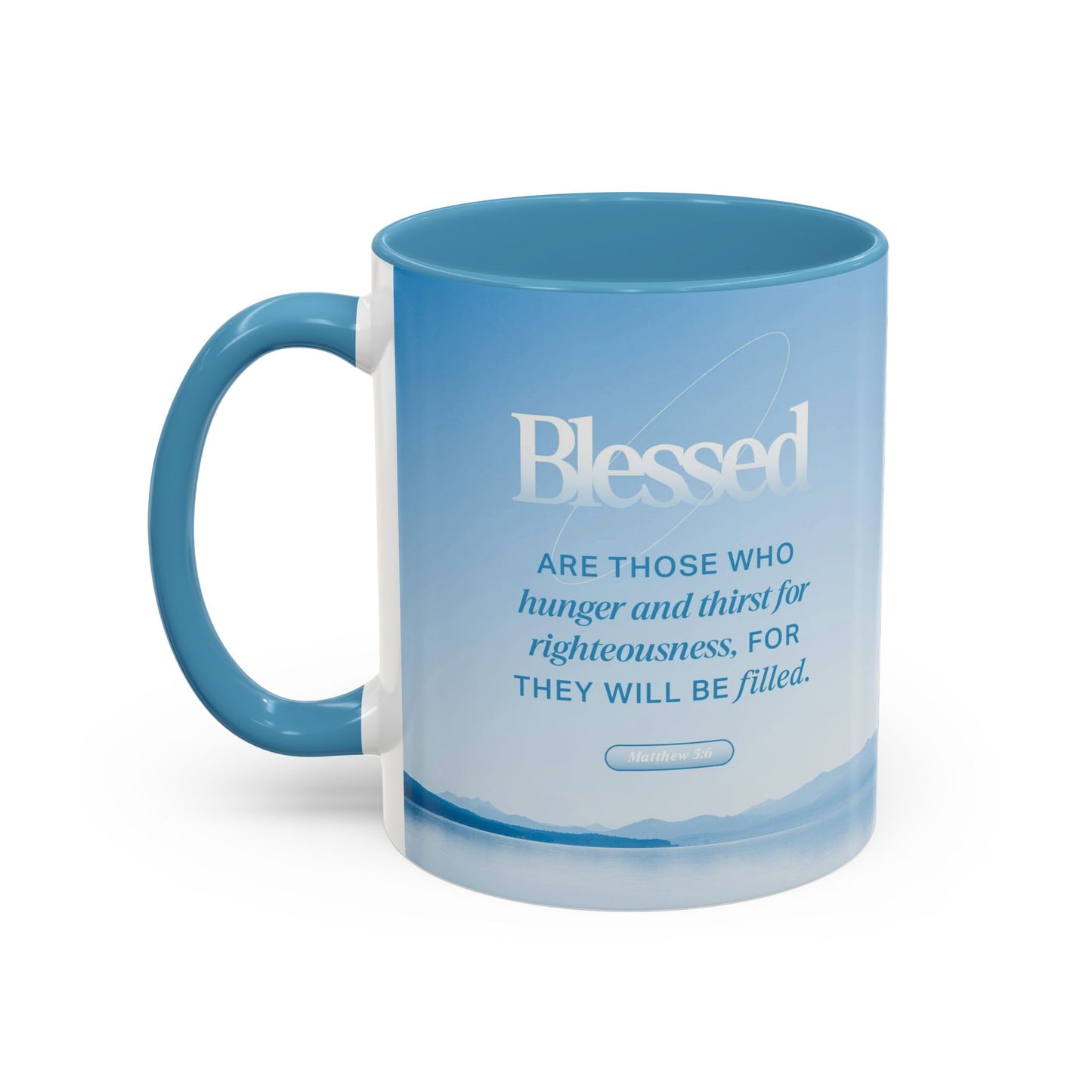 Matthew 5:4 Scripture coffee mug featuring serene blue design with uplifting text