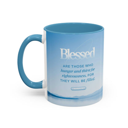 Matthew 5:4 Scripture coffee mug featuring serene blue design with uplifting text
