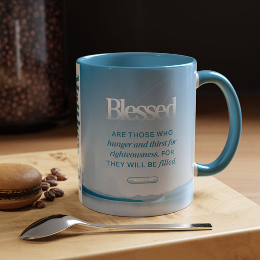 Matthew 5:4 Scripture coffee mug featuring a serene design with a motivational quote