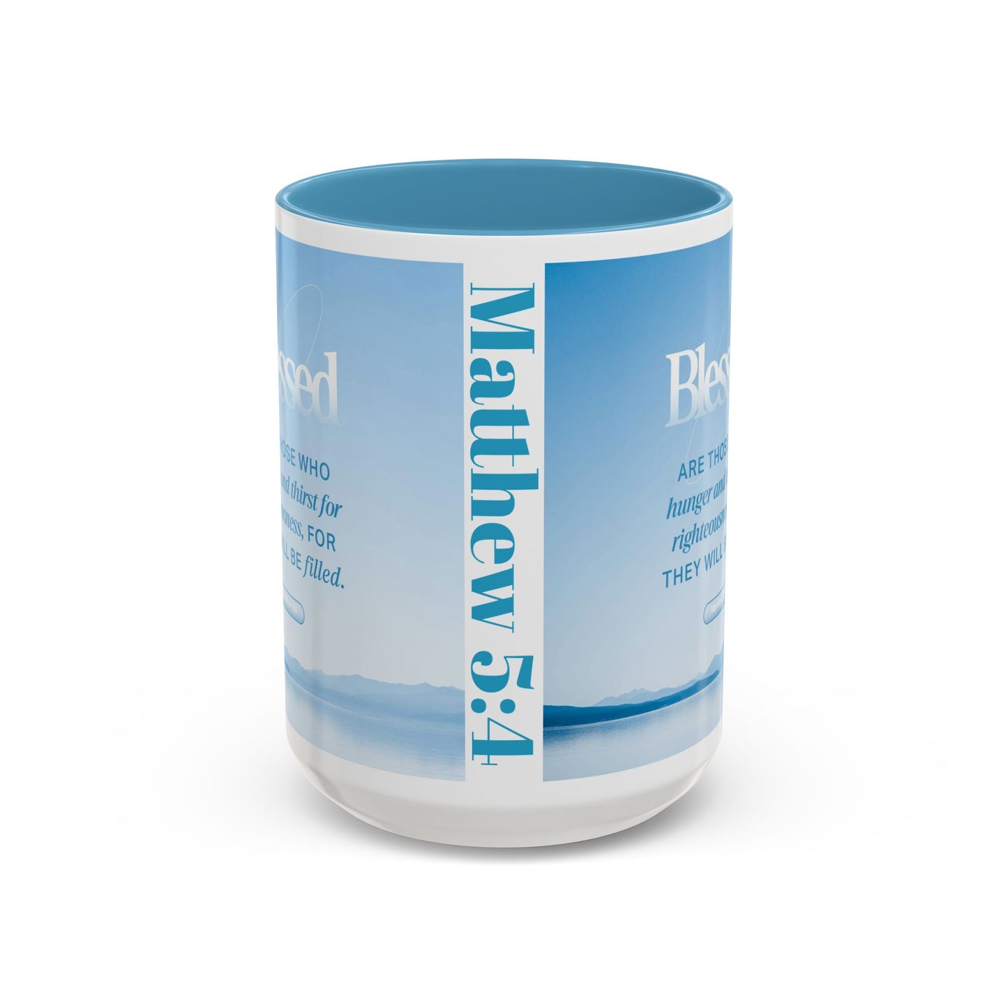 Matthew 5:4 Scripture coffee mug featuring a serene blue design and inspiring text for daily motivation
