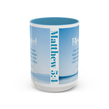 Matthew 5:4 Scripture coffee mug featuring a serene blue design and inspiring text for daily motivation