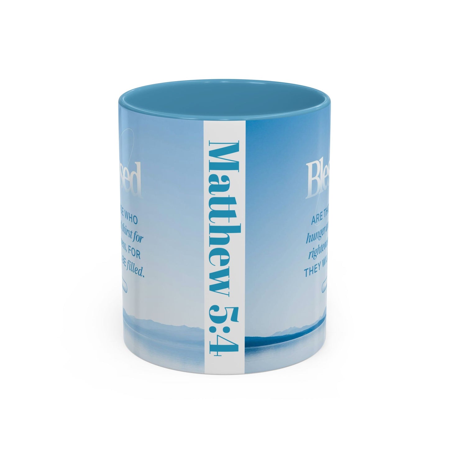 Matthew 5:4 Scripture coffee mug featuring a serene blue design with inspirational text