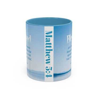 Matthew 5:4 Scripture coffee mug featuring a serene blue design with inspirational text