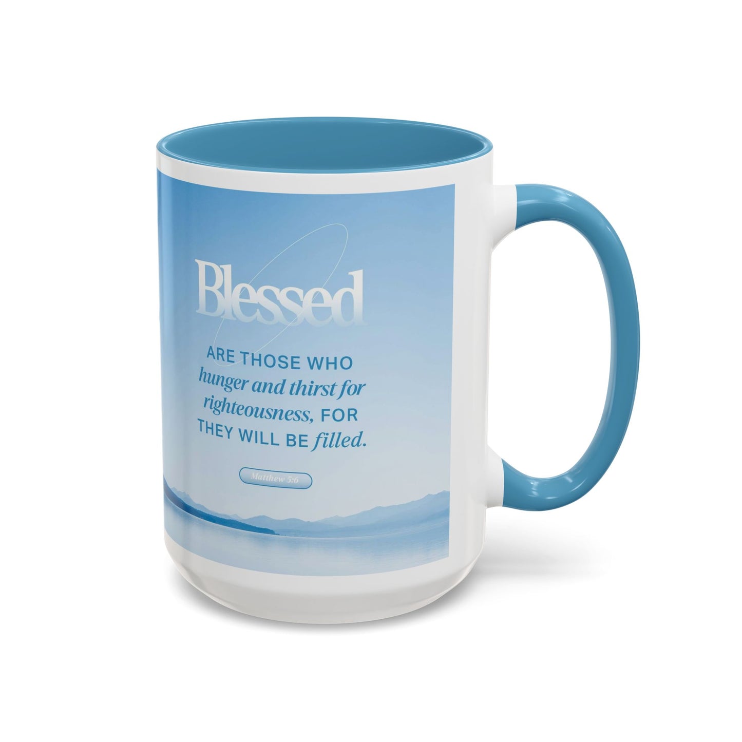 Matthew 5:4 Scripture coffee mug featuring serene design and inspirational message about righteousness