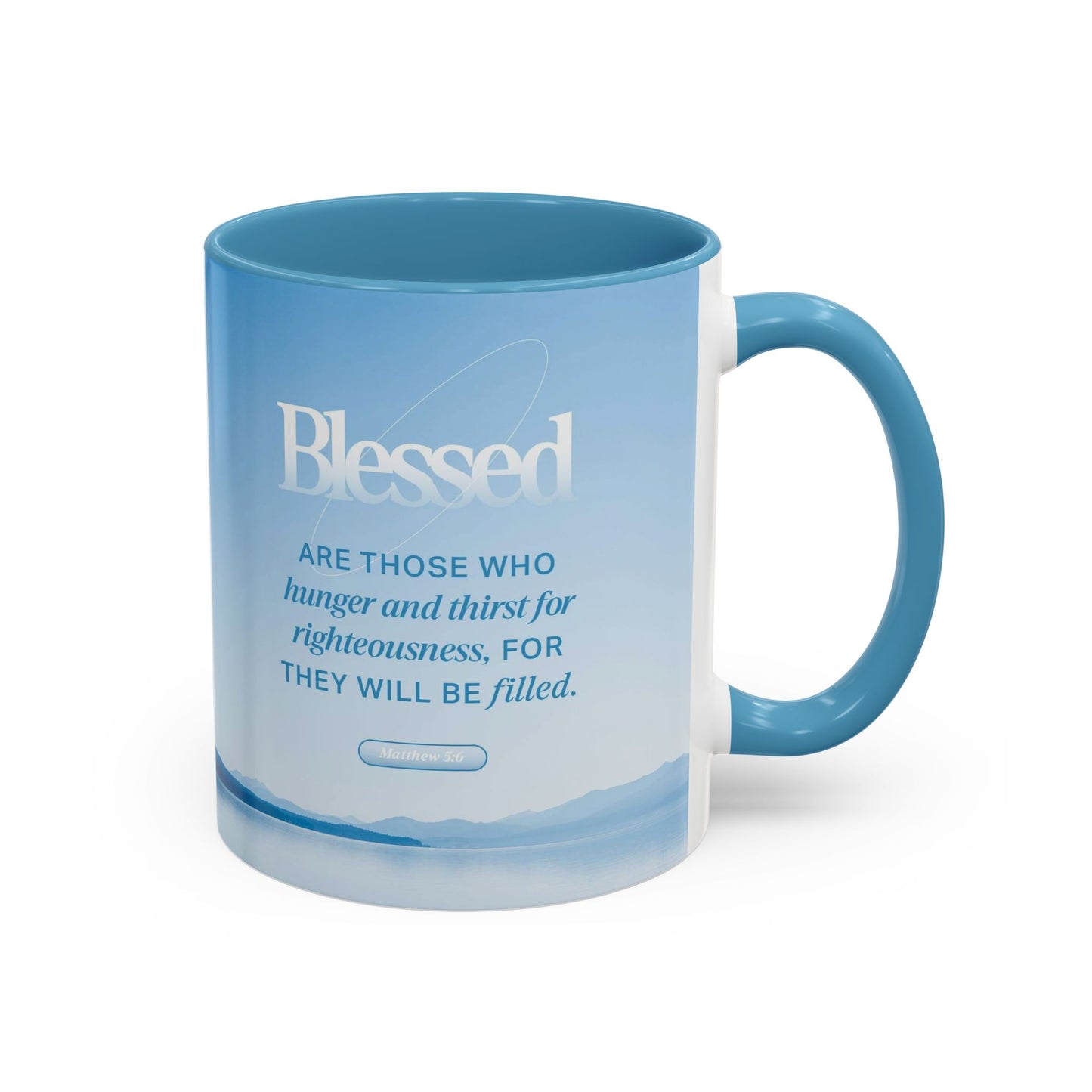 Matthew 5:4 Scripture coffee mug with blue design and inspirational quote for daily motivation