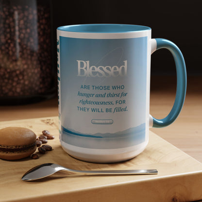 Matthew 5:4 Scripture coffee mug with inspirational quote about being blessed and filled with righteousness