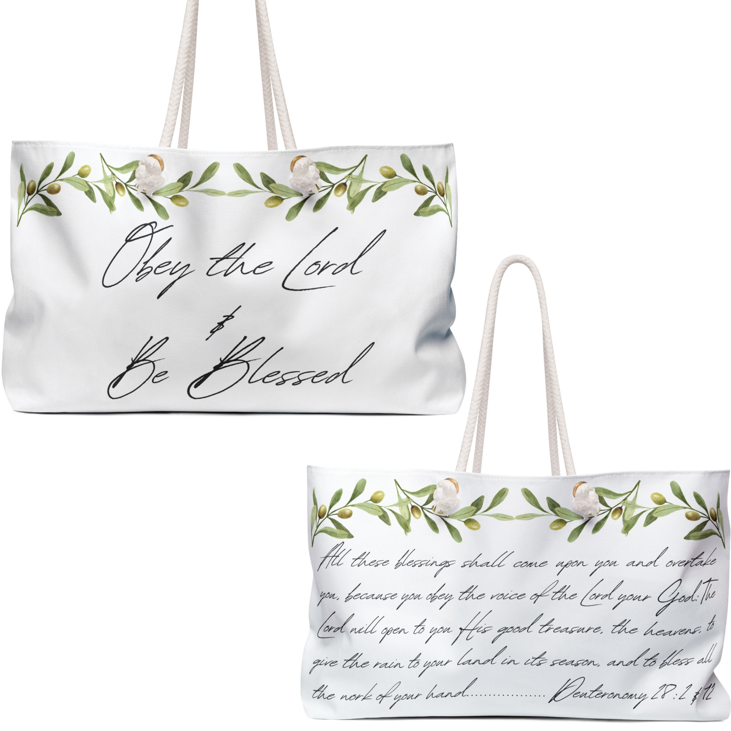 Obey and Be Blessed tote with floral design and inspirational scripture on durable fabric