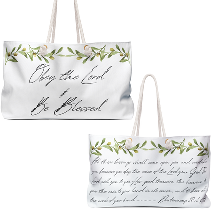 Obey and Be Blessed tote with floral design and inspirational scripture on durable fabric