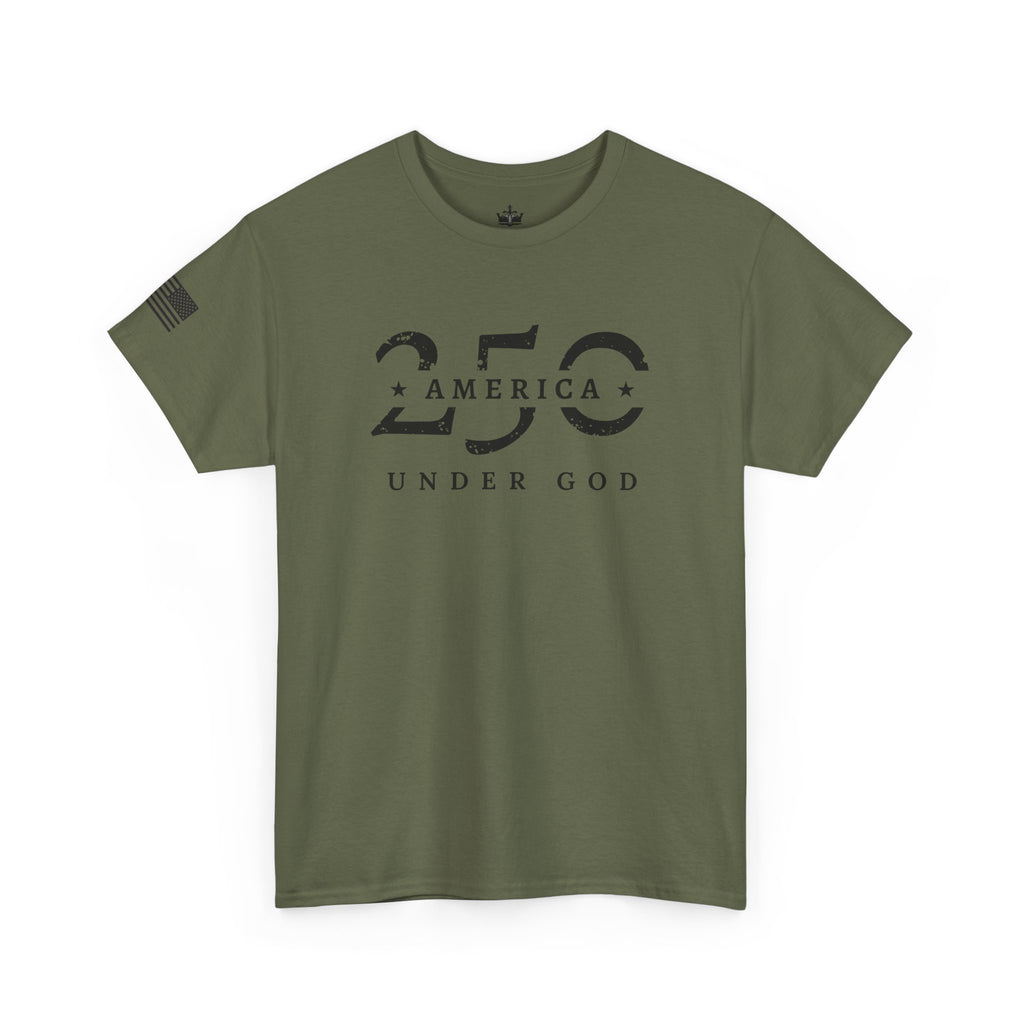 Olive Green One Nation Under God 250th Anniversary T-Shirt with Front Design Featuring 250 and America