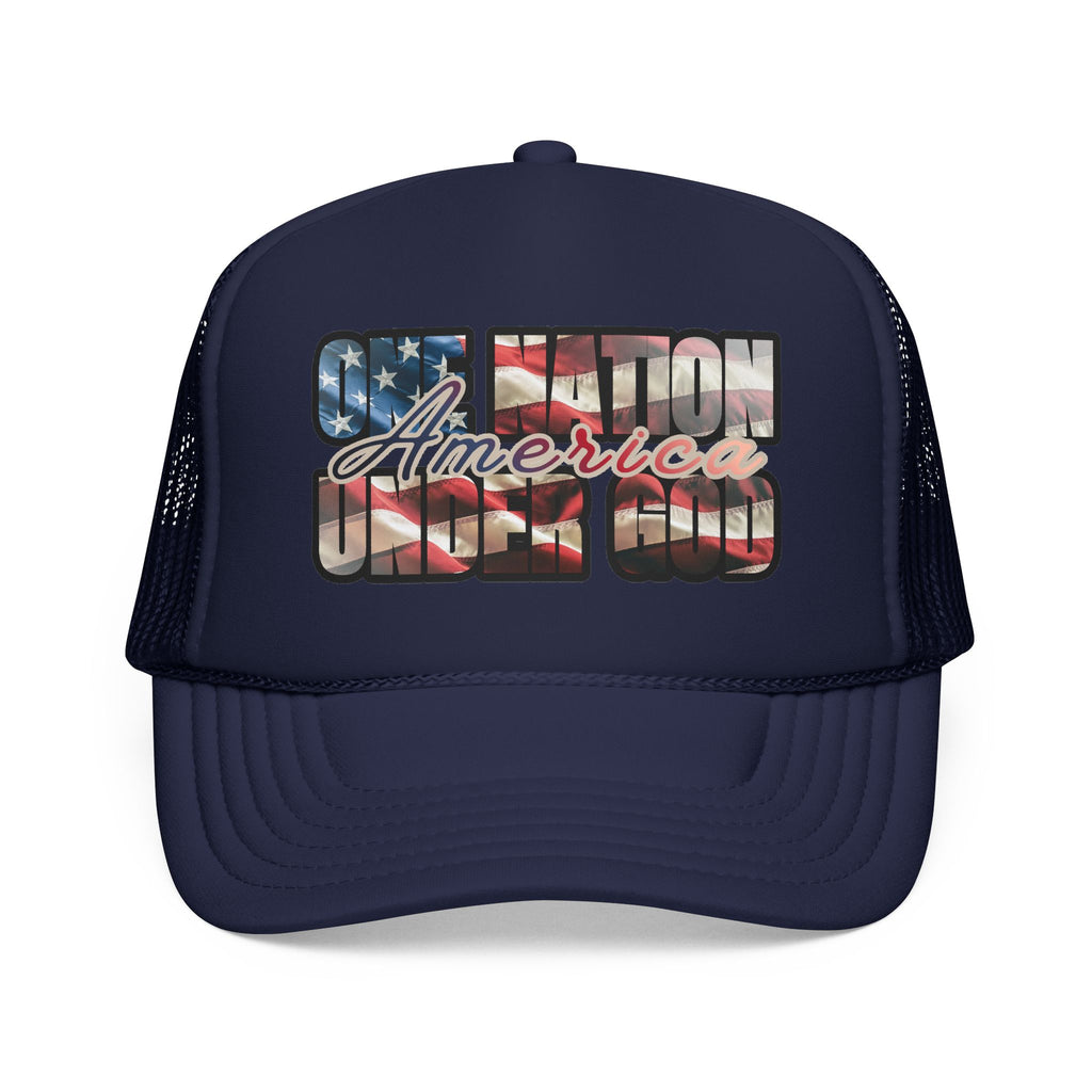 One Nation Under God Distressed Flag Trucker Hat in navy with front view featuring American flag design