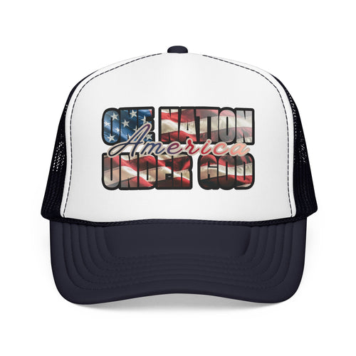 Trucker hat with One Nation Under God distressed flag design in white and black view