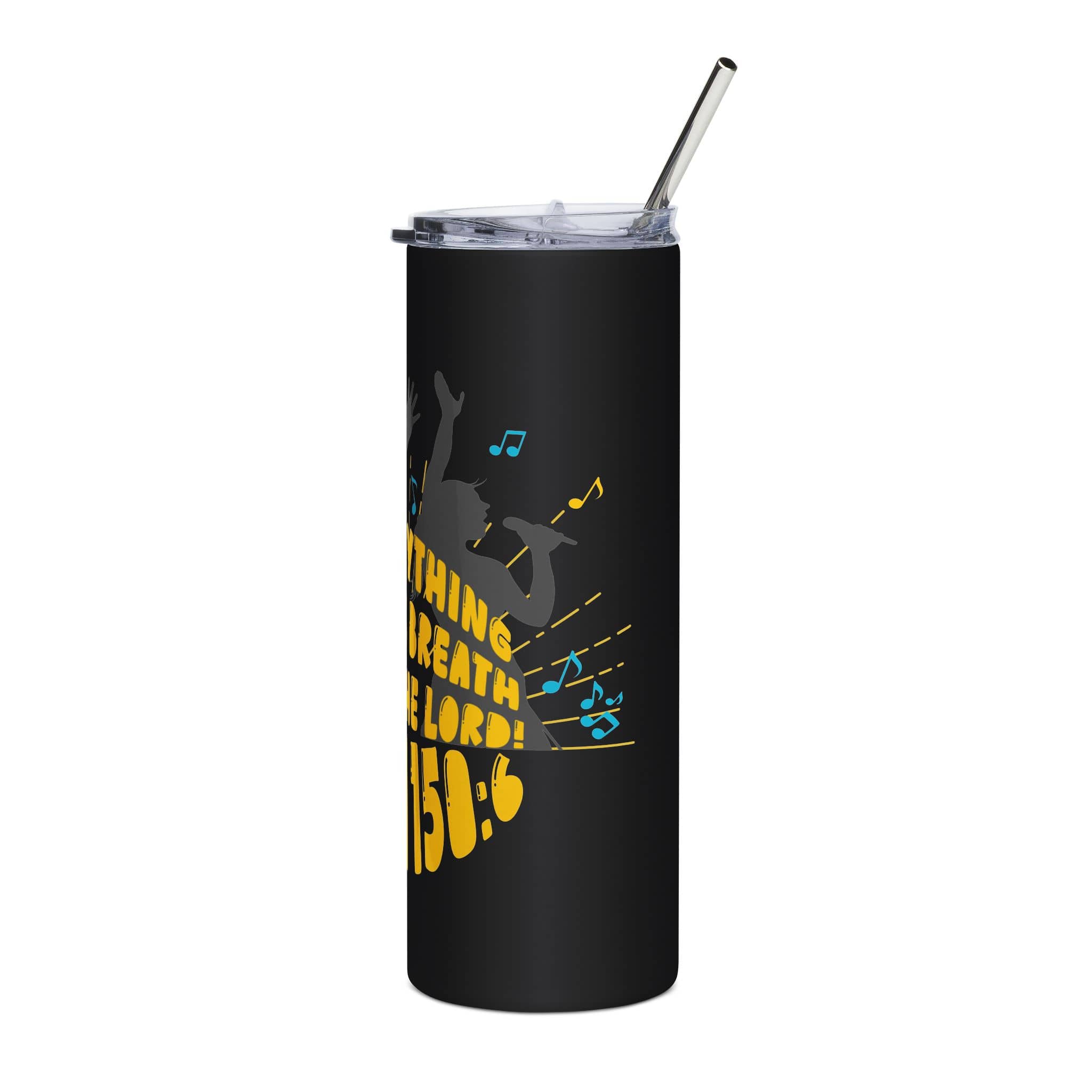 Psalm 150 Stainless Steel Tumbler in black featuring colorful music notes and vibrant scripture design