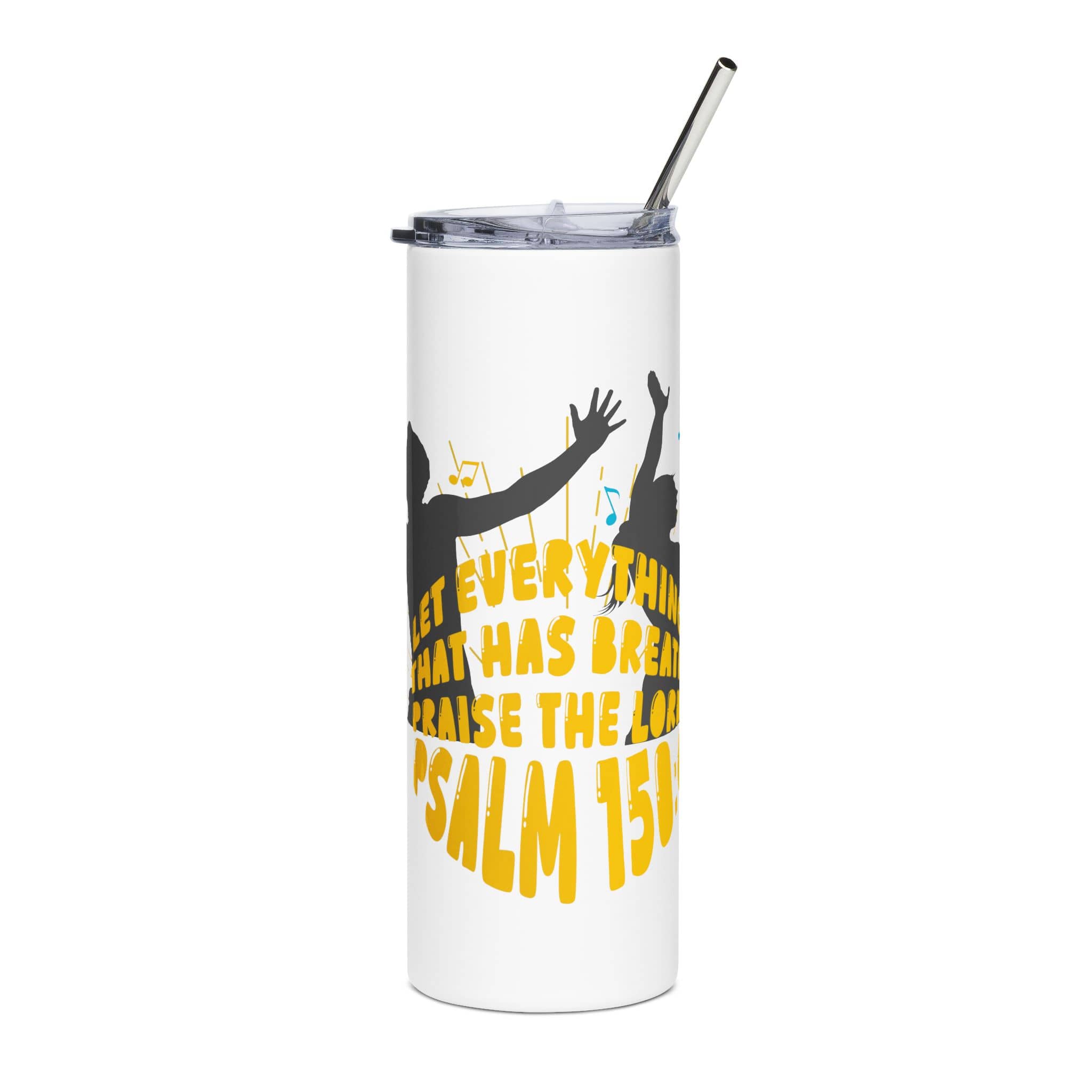 White Stainless Steel Tumbler featuring 'Psalm 150' with colorful design emphasizing praise