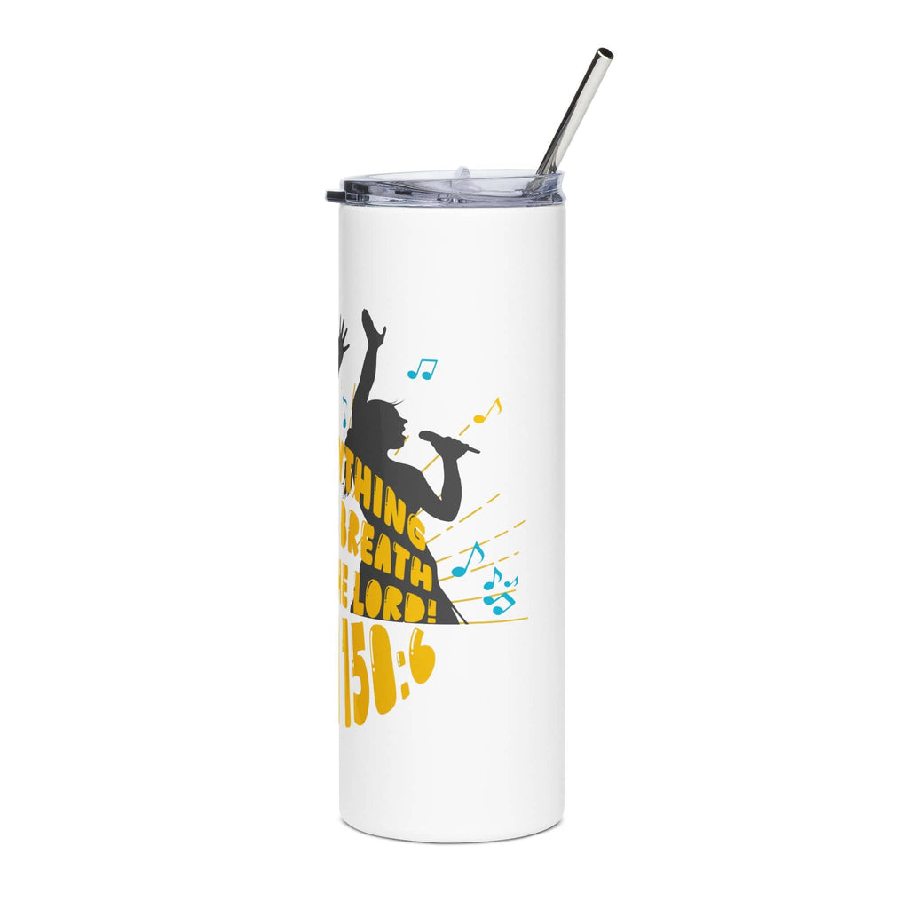 White Psalm 150 Stainless Steel Tumbler with Silhouette of Singer and Musical Notes, Front View