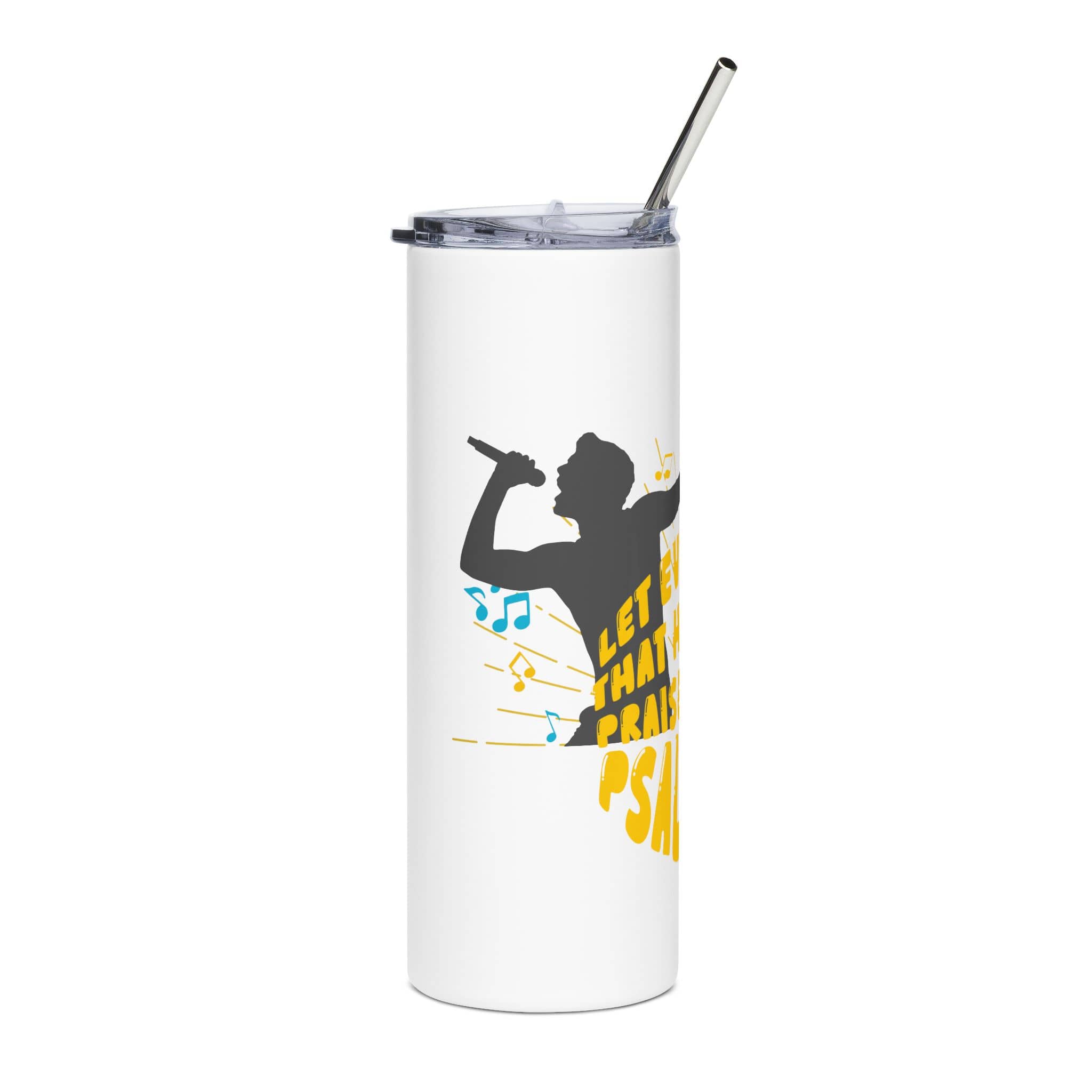 White Psalm 150 Stainless Steel Tumbler with color graphics and a straw, featuring a singer and music notes