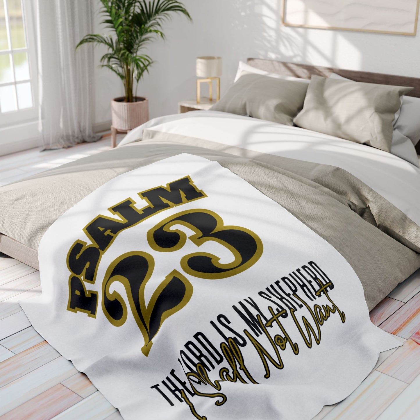 Cozy Psalm 23 fleece blanket with stylish gold text for home decor and comfort