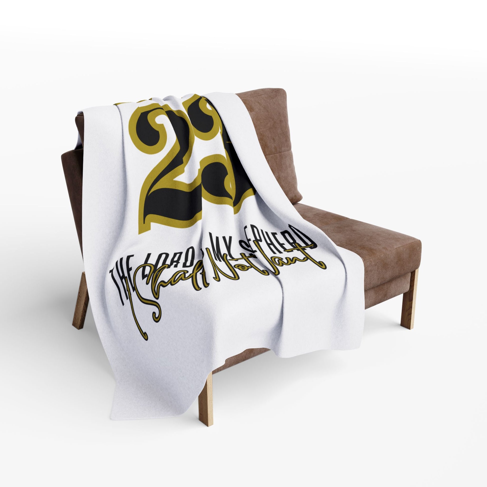 Cozy Psalm 23 fleece blanket featuring elegant typography against a white background