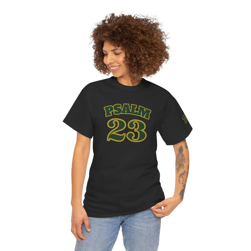 Black Psalm 23 t-shirt featuring bold yellow text and a comfortable fit for casual wear