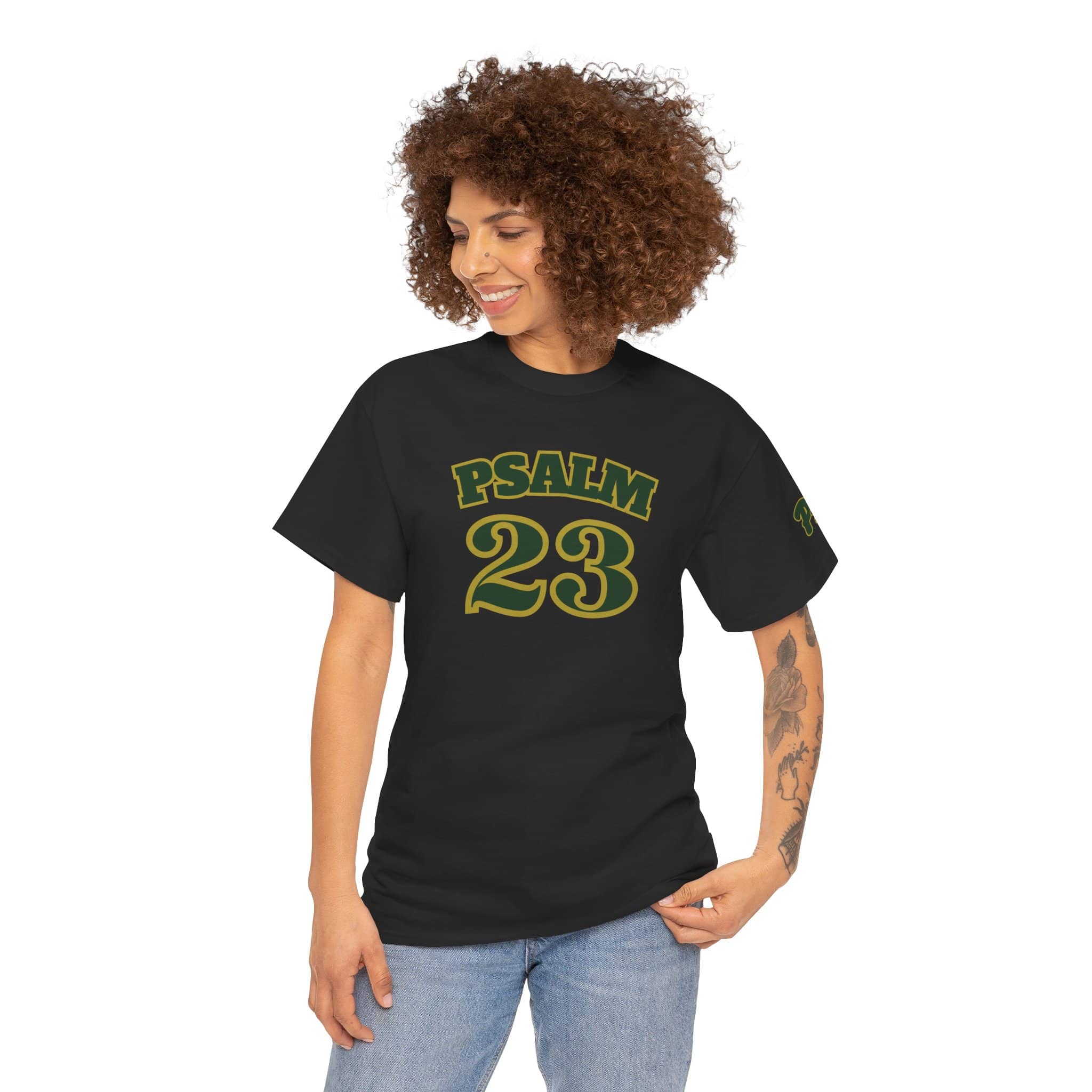 Black Psalm 23 t-shirt featuring bold yellow text and a comfortable fit for casual wear