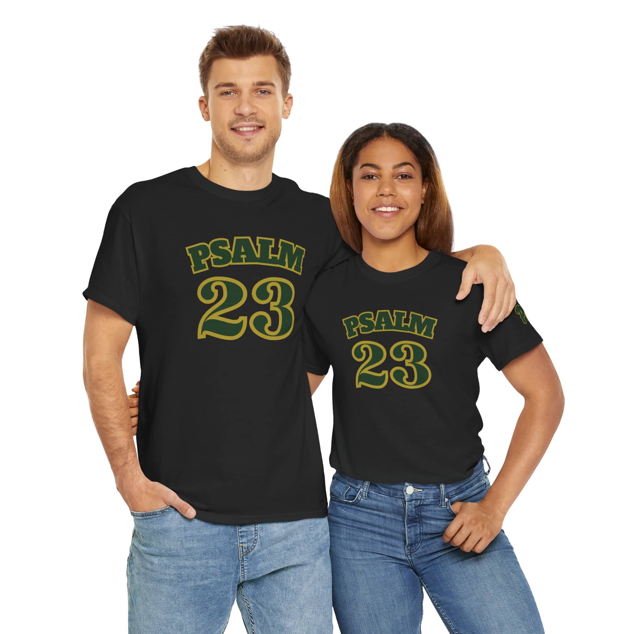 Couples wearing stylish Psalm 23 t-shirt in black with bold green and yellow lettering