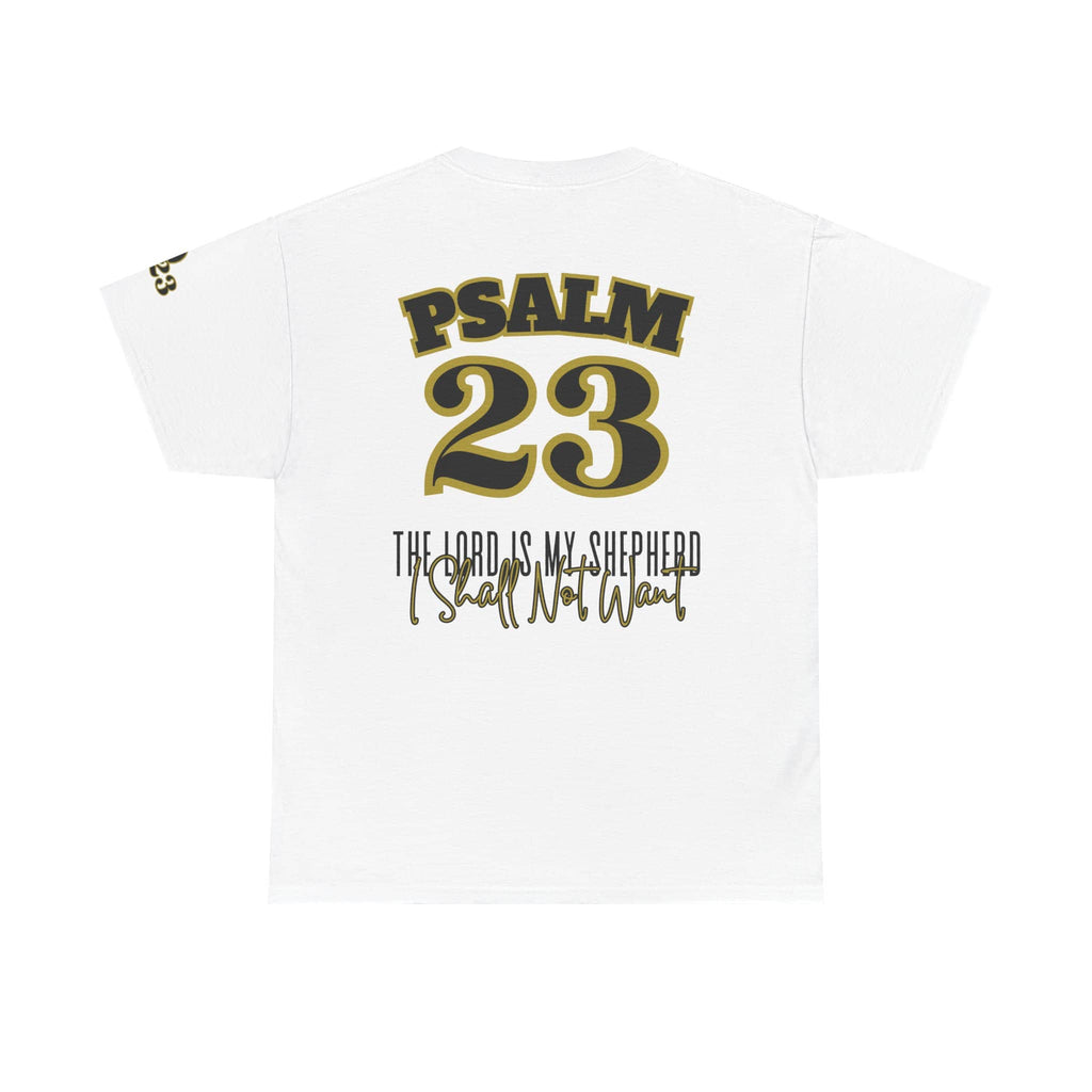 Psalm 23 t-shirt featuring bold text and script design on a white background