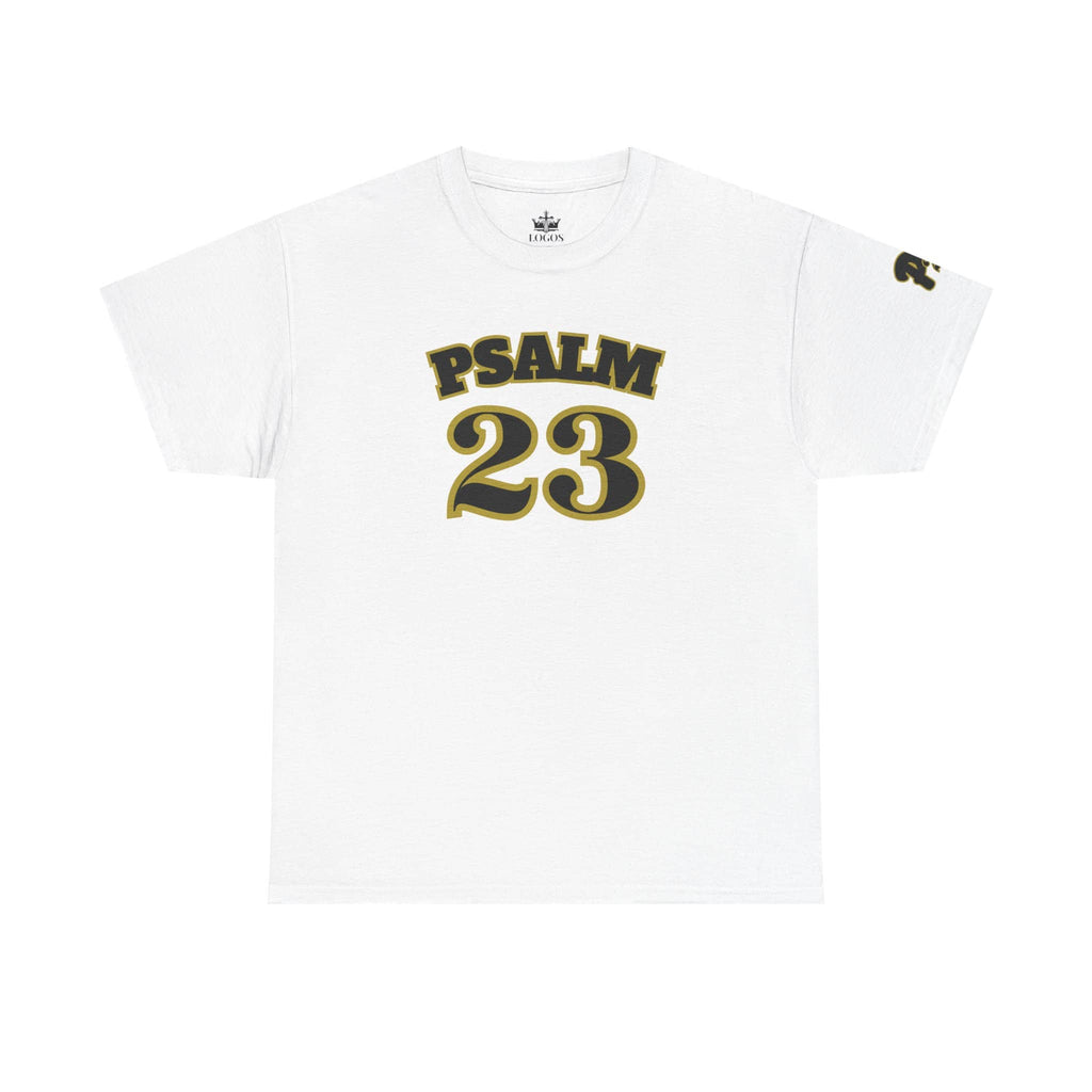 White Psalm 23 t-shirt with bold black and gold lettering for casual wear