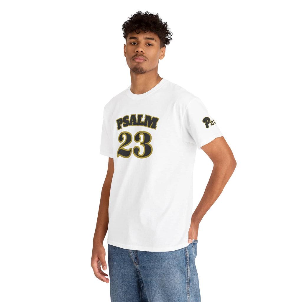 White Psalm 23 t-shirt featuring bold text design for casual wear