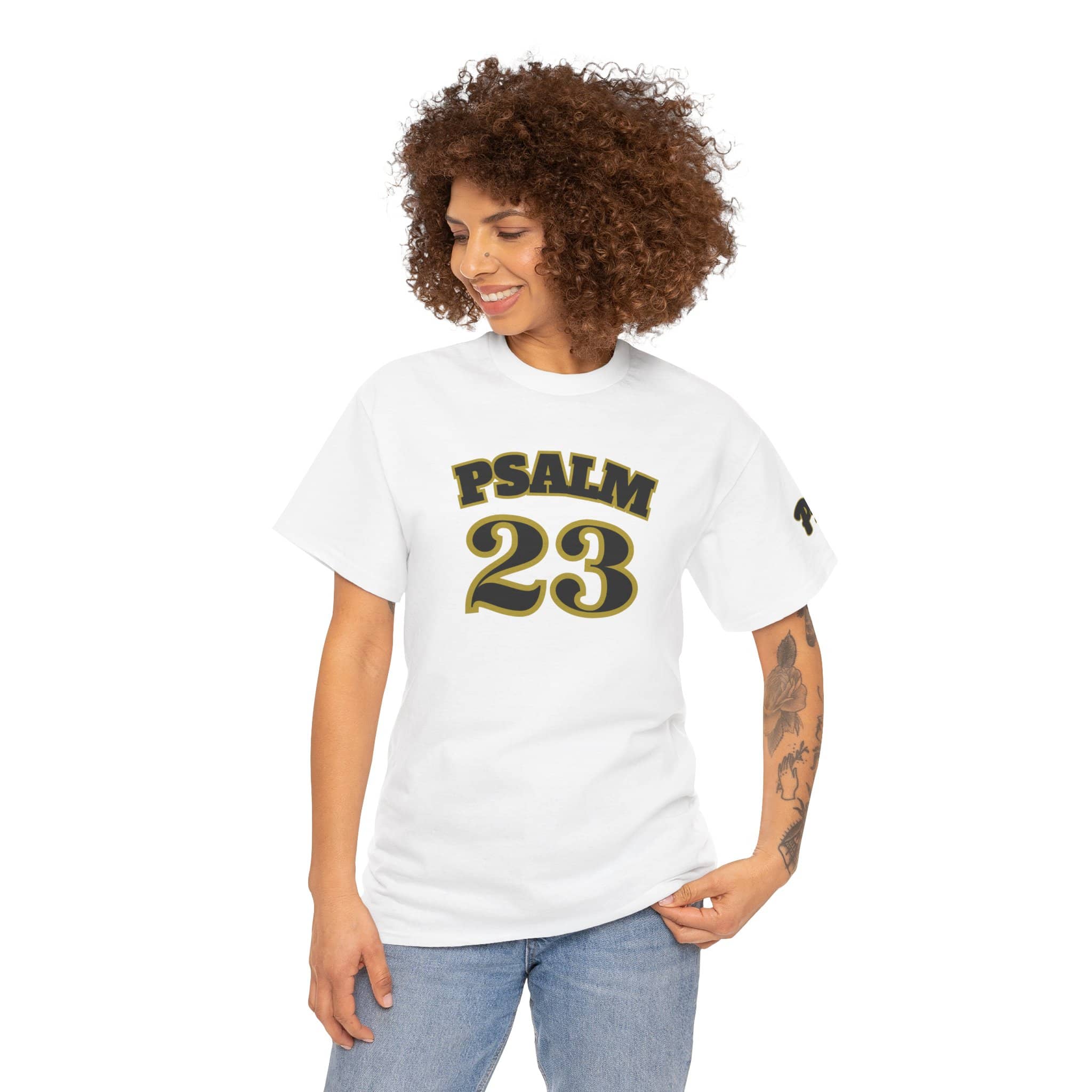 Woman wearing a Psalm 23 t-shirt featuring bold graphics and a comfortable fit