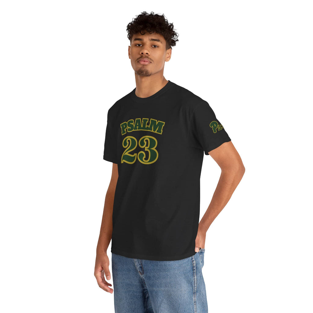 Black Psalm 23 t-shirt featuring bold yellow lettering for a stylish faith-inspired look