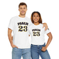 Couple wearing matching Psalm 23 t-shirts in white with bold black text for a stylish look
