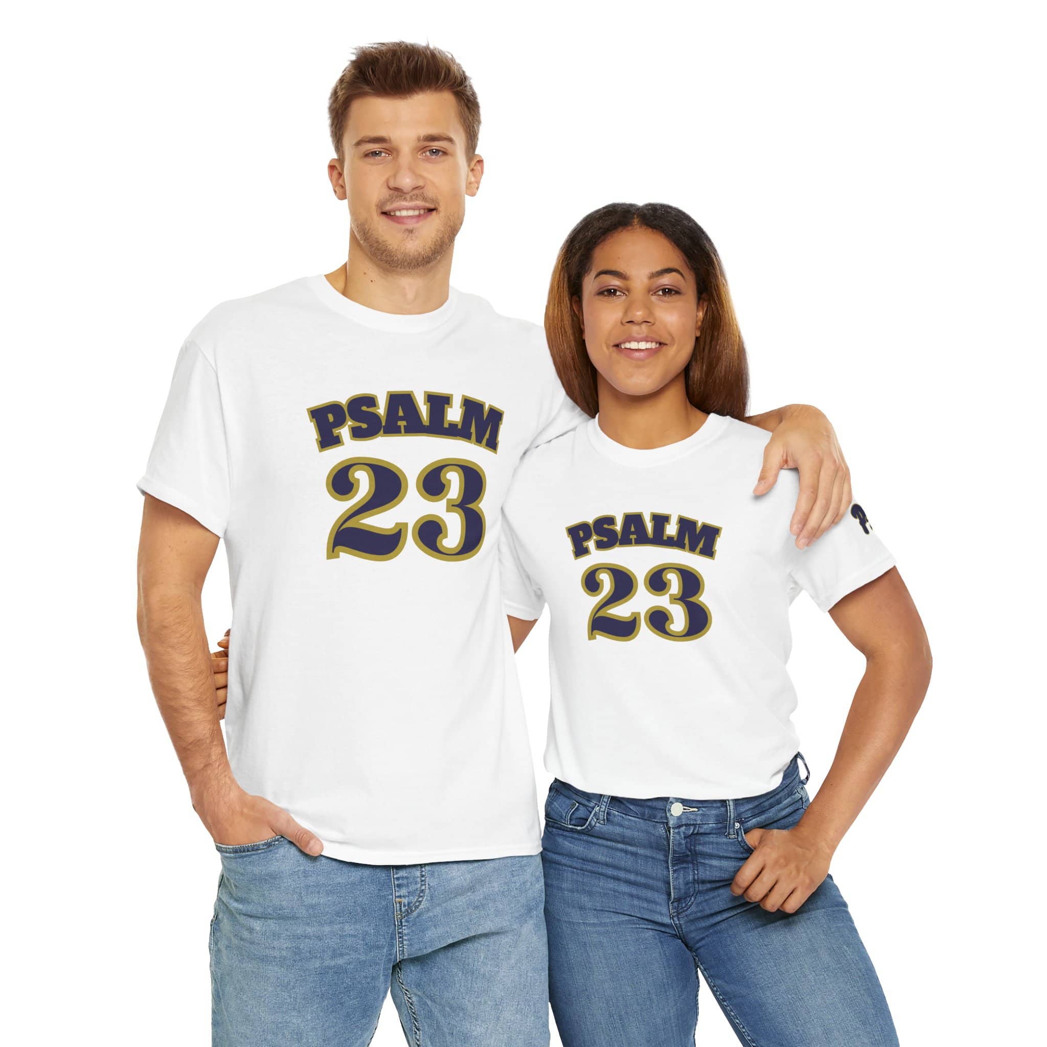 Couple wearing matching Psalm 23 t-shirts in white with bold black text for a stylish look