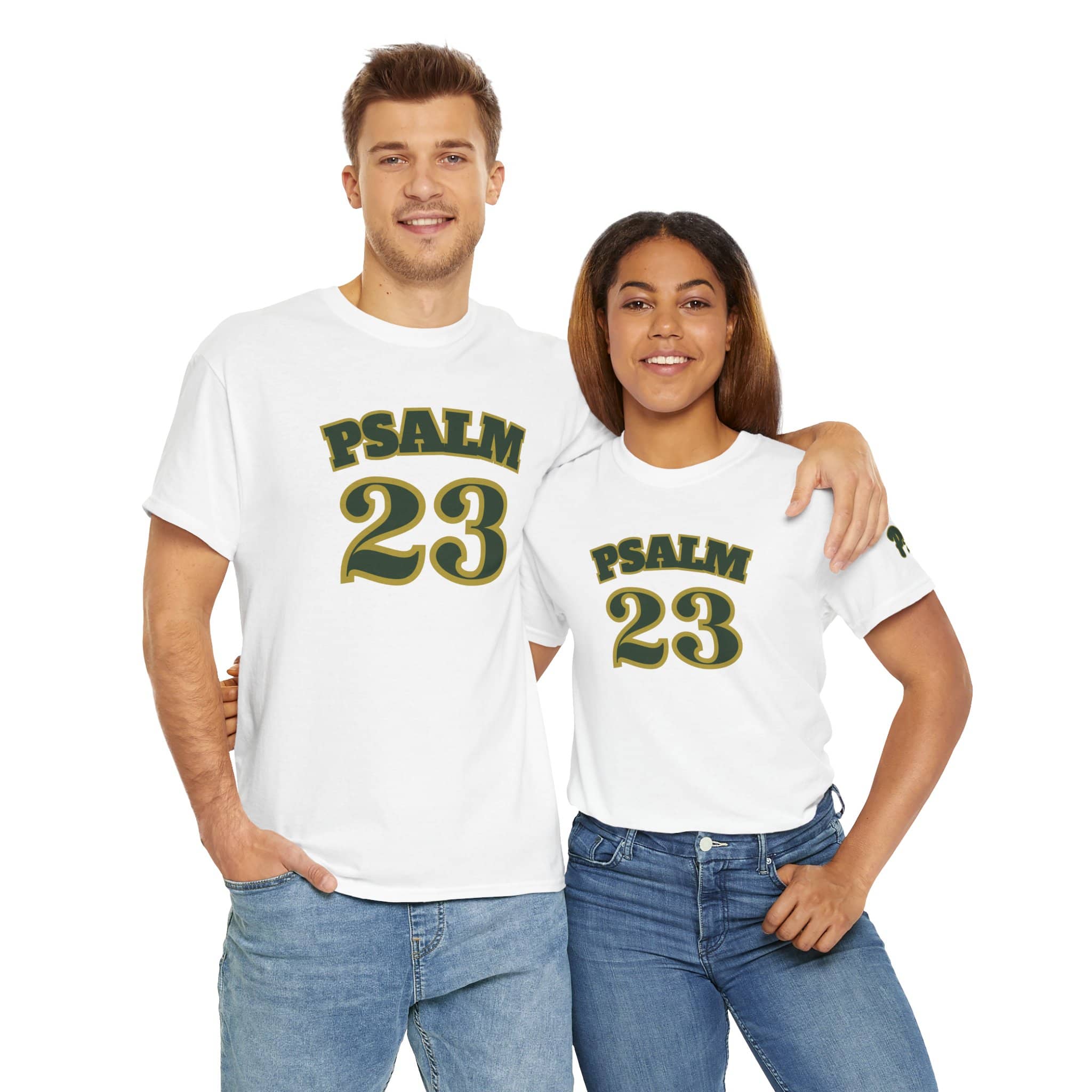 Couple wearing matching Psalm 23 t-shirt in white with bold green lettering