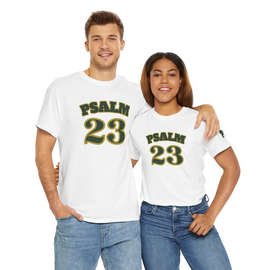 Couple wearing matching Psalm 23 t-shirt in white with bold green lettering