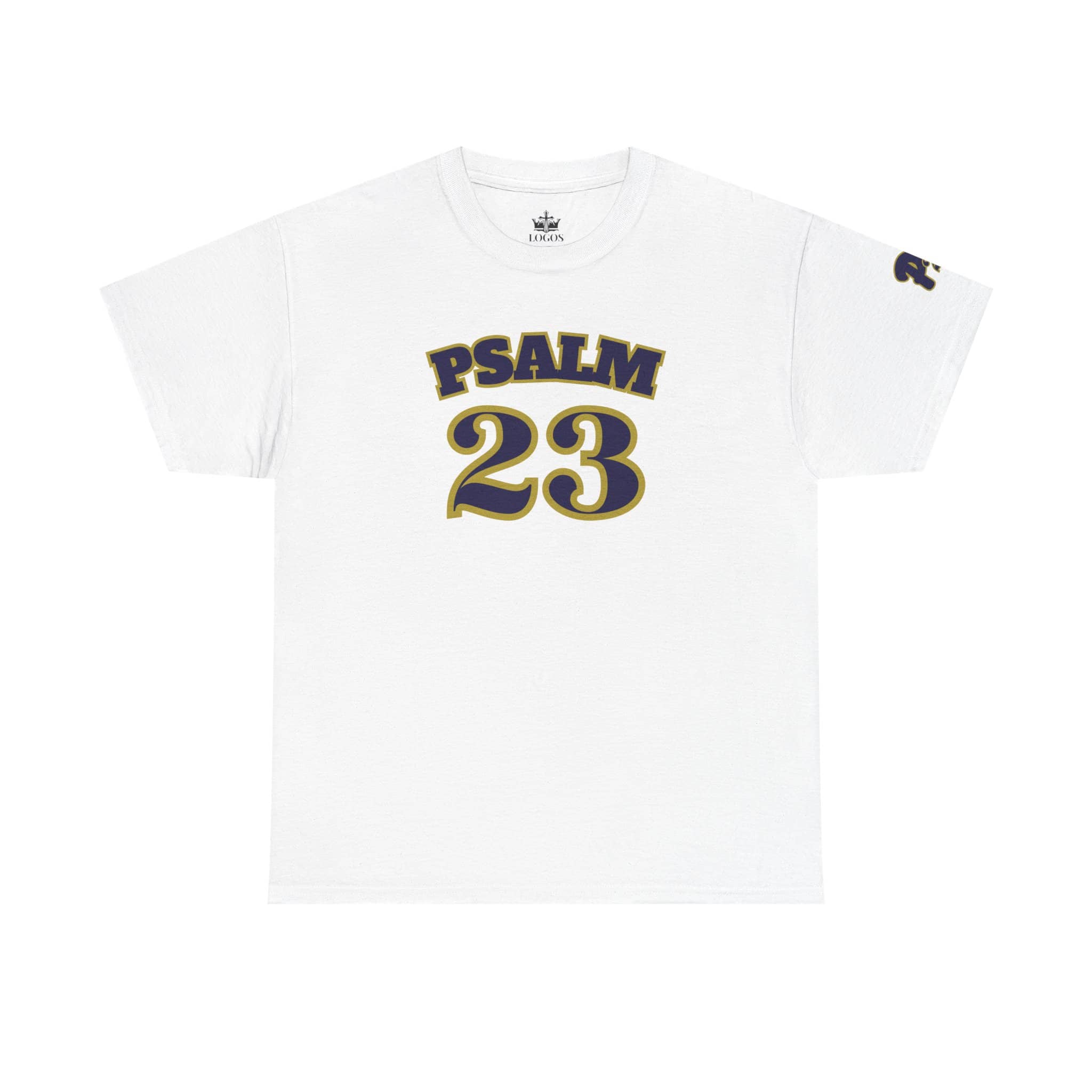 White Psalm 23 t-shirt featuring a bold graphic print on the front and sleeve