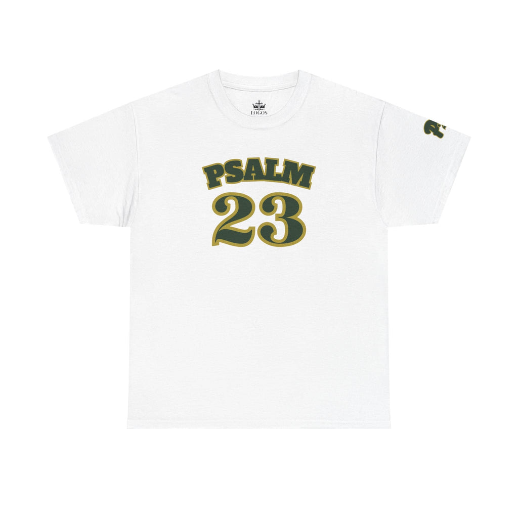 White Psalm 23 t-shirt featuring bold green text for inspirational wear