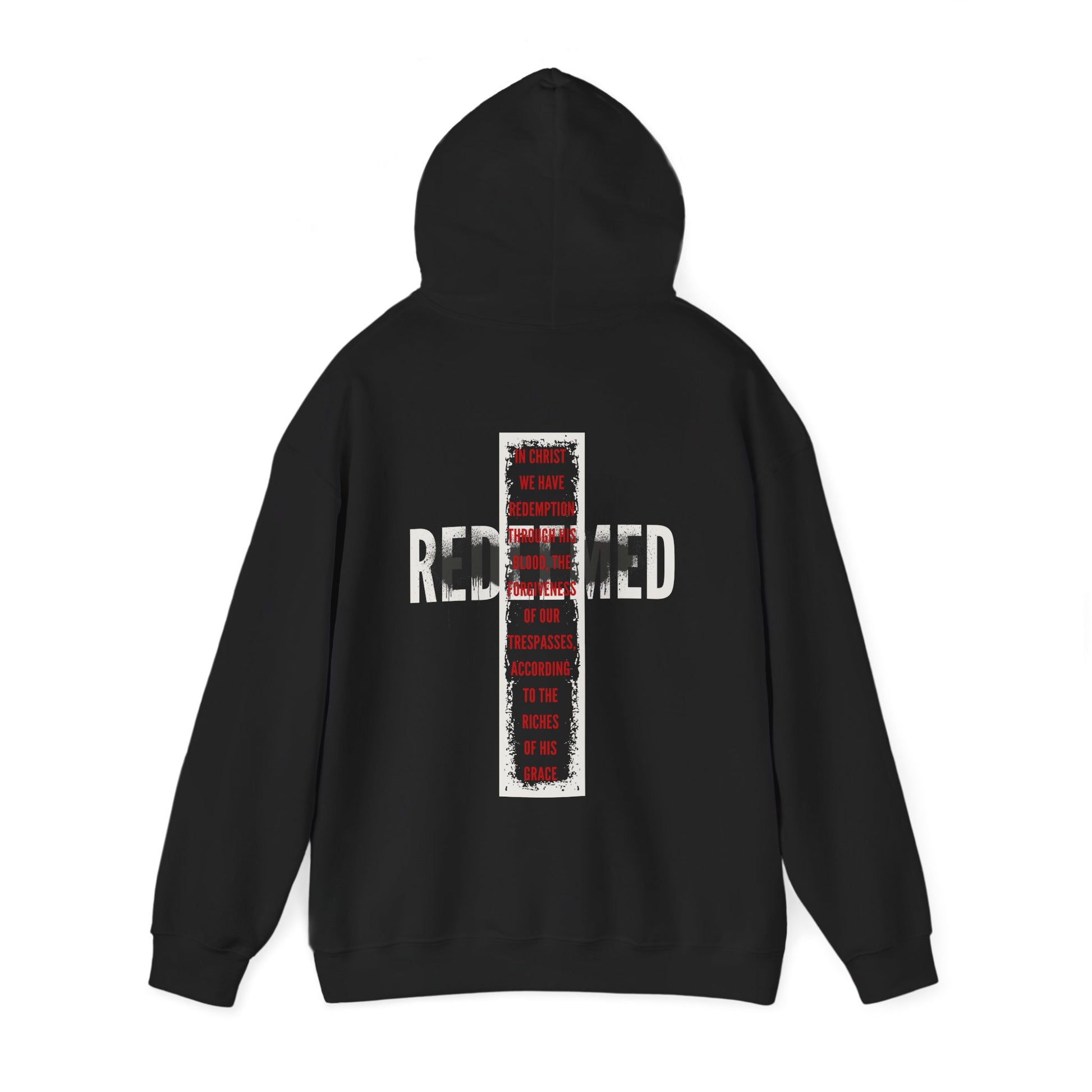 Black Redeemed Ephesians 1:7 sweatshirt featuring bold text design on the back for stylish comfort.