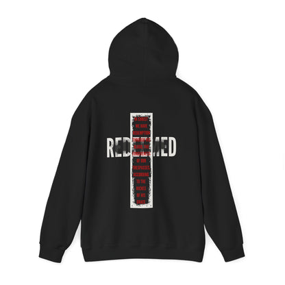 Black Redeemed Ephesians 1:7 sweatshirt featuring bold text design on the back for stylish comfort.