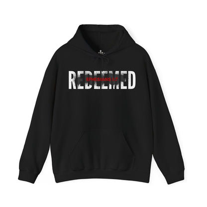 Black hoodie featuring 'Redeemed Ephesians 1:7 sweatshirt' text for faith-inspired fashion