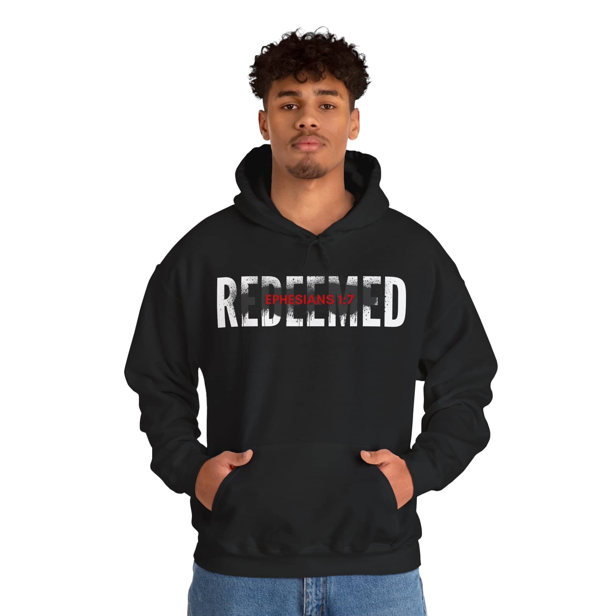 Black sweatshirt featuring 'Redeemed Ephesians 1:7' text, perfect for casual wear and faith-inspired fashion