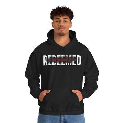Black sweatshirt featuring 'Redeemed Ephesians 1:7' text, perfect for casual wear and faith-inspired fashion