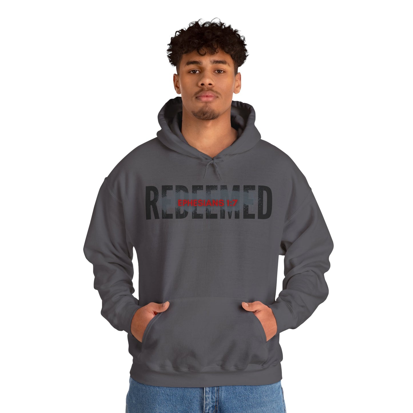 Redeemed Ephesians 1:7 sweatshirt in gray with a bold graphic design, perfect for casual wear