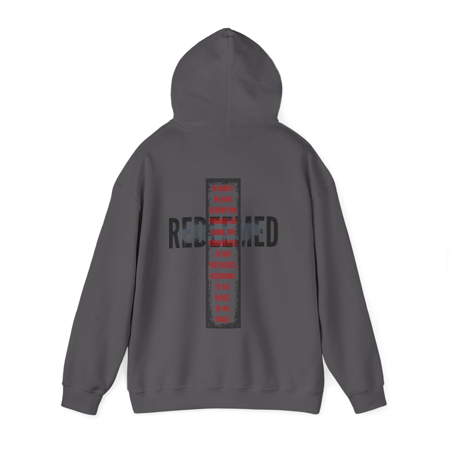 Redeemed Ephesians 1:7 sweatshirt in gray featuring bold text design on the back