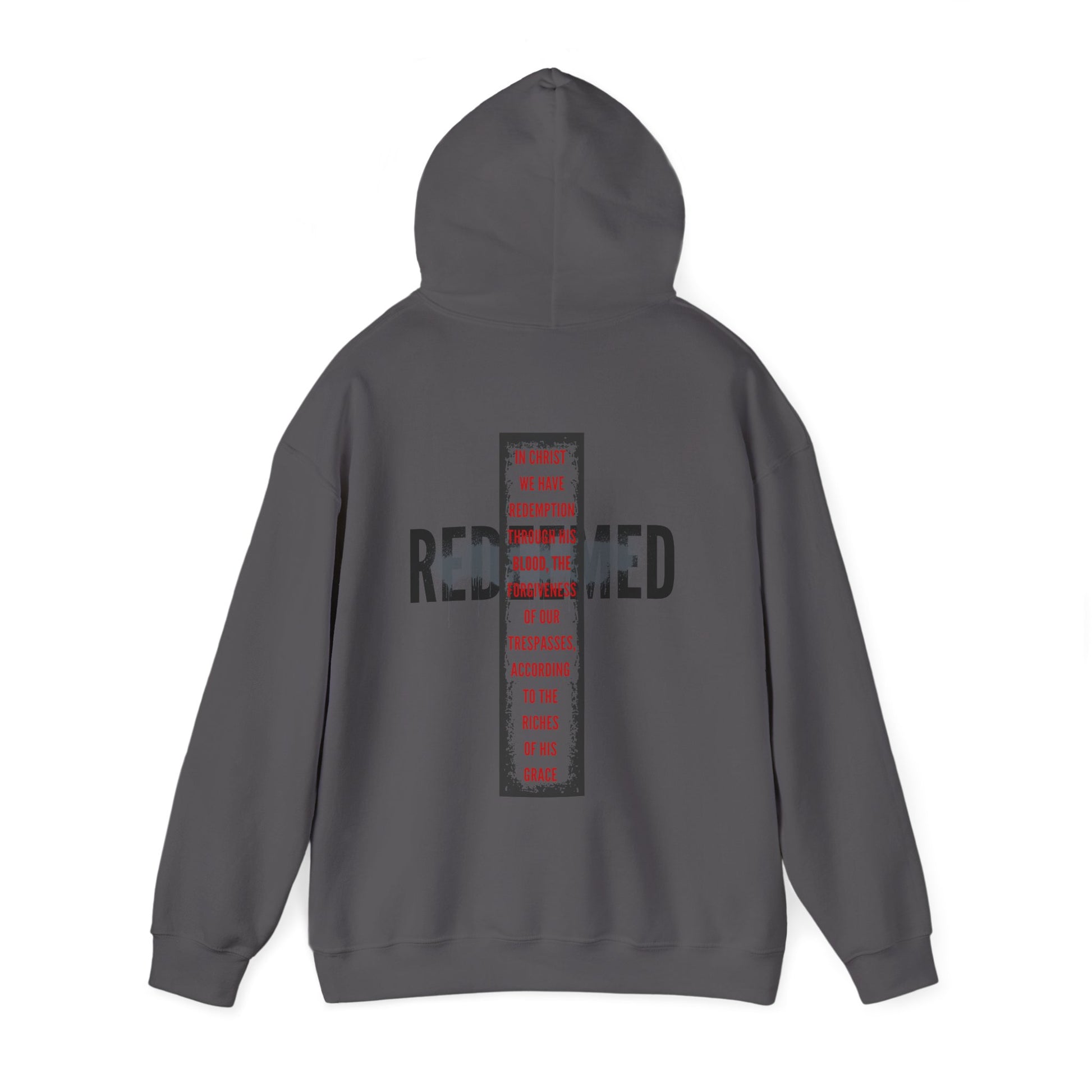 Redeemed Ephesians 1:7 sweatshirt in gray featuring bold text design on the back
