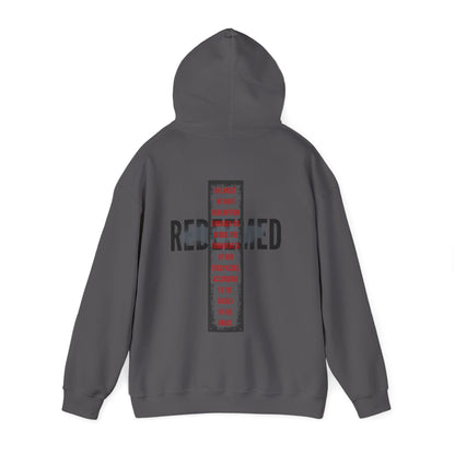Redeemed Ephesians 1:7 sweatshirt in gray featuring bold text design on the back