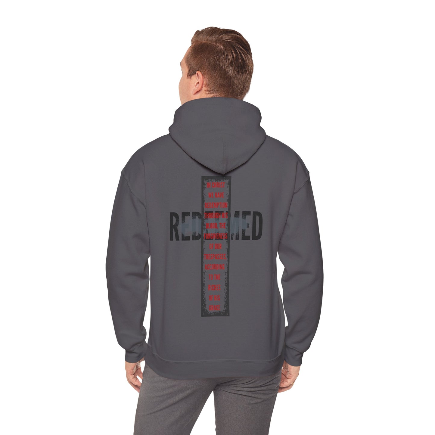 Gray hooded sweatshirt featuring the text 'REDEEMED' and Ephesians 1:7 design, perfect for inspirational wear