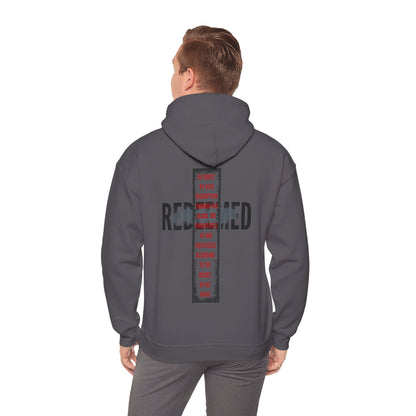 Gray hooded sweatshirt featuring the text 'REDEEMED' and Ephesians 1:7 design, perfect for inspirational wear