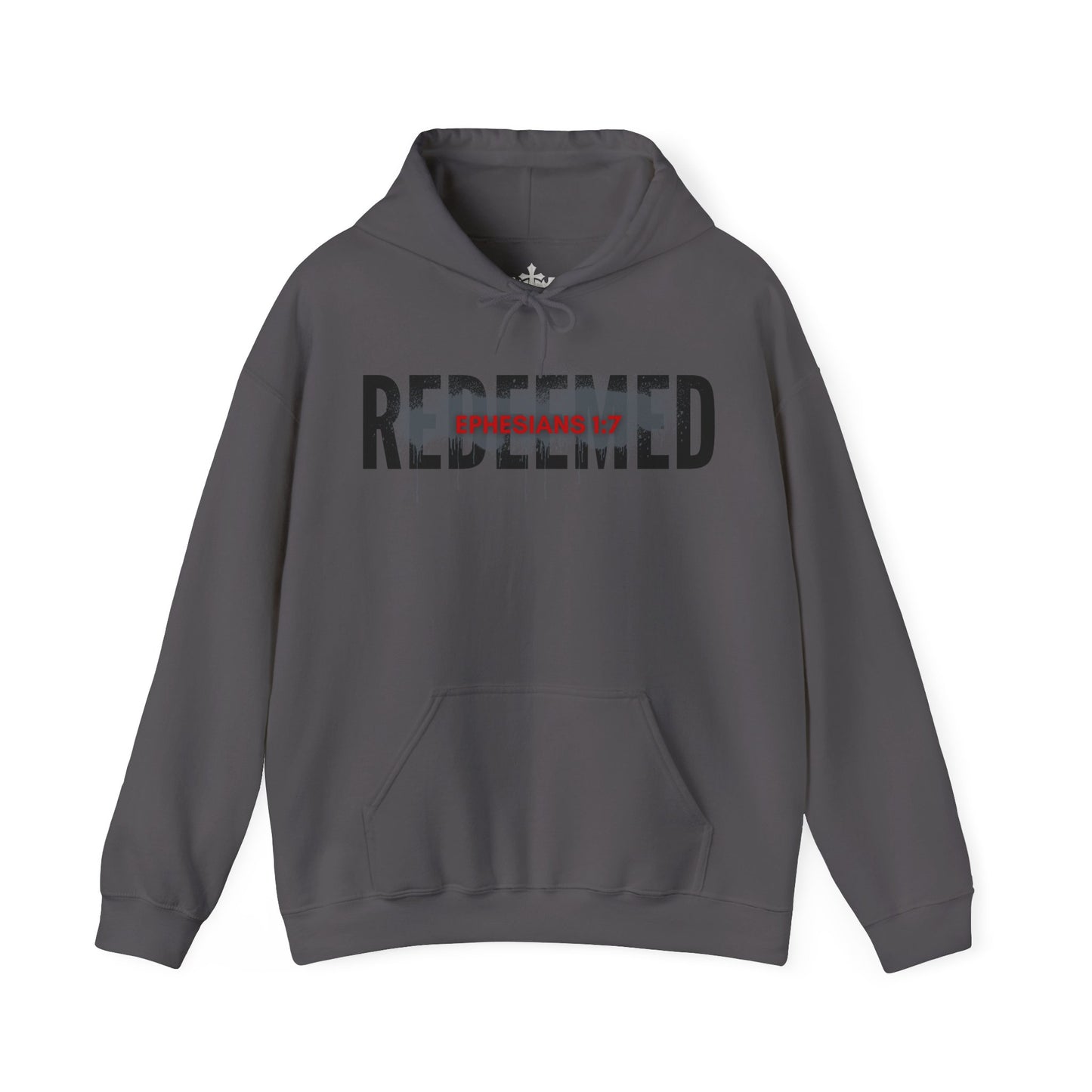 Gray Redeemed Ephesians 1:7 sweatshirt with front pocket and hood for comfortable wear
