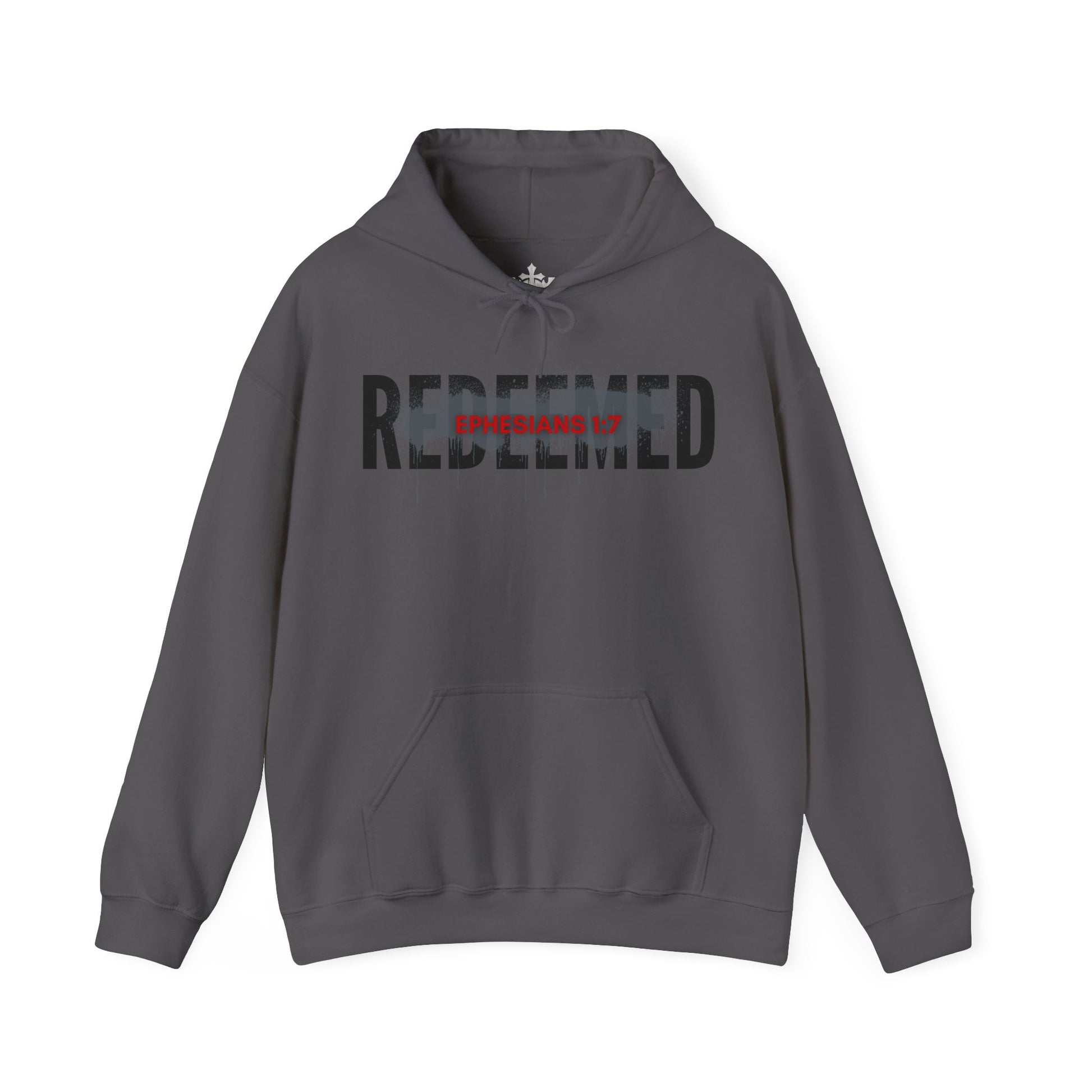 Gray Redeemed Ephesians 1:7 sweatshirt with front pocket and hood for comfortable wear